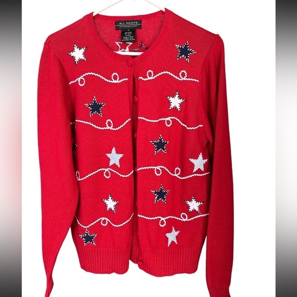 All Points Knit Cardigan w/ Appliqué Stars on Front Red White Blue Fabric Button - Picture 5 of 7